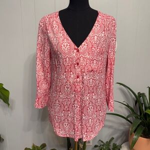 #15) Fred David Coral-Pink Printed V-Neck Button Front Blouse